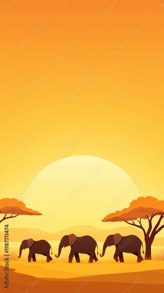 Fototapeta premium Silhouetted Elephants Against a Golden Sunset Sky with Lush Trees in the Background, Capturing the Essence of African Wildlife and Tranquil Nature Scenes