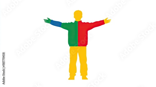 A simple illustration of a person with arms outstretched, wearing a jacket divided into red, green, and blue sections.