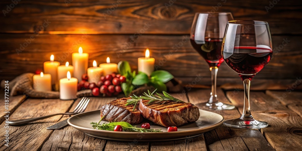 A romantic dinner setup with a grilled steak and red wine glasses on a wooden table A romantic dinner setup with a grilled steak and red wine glasses on a wooden table