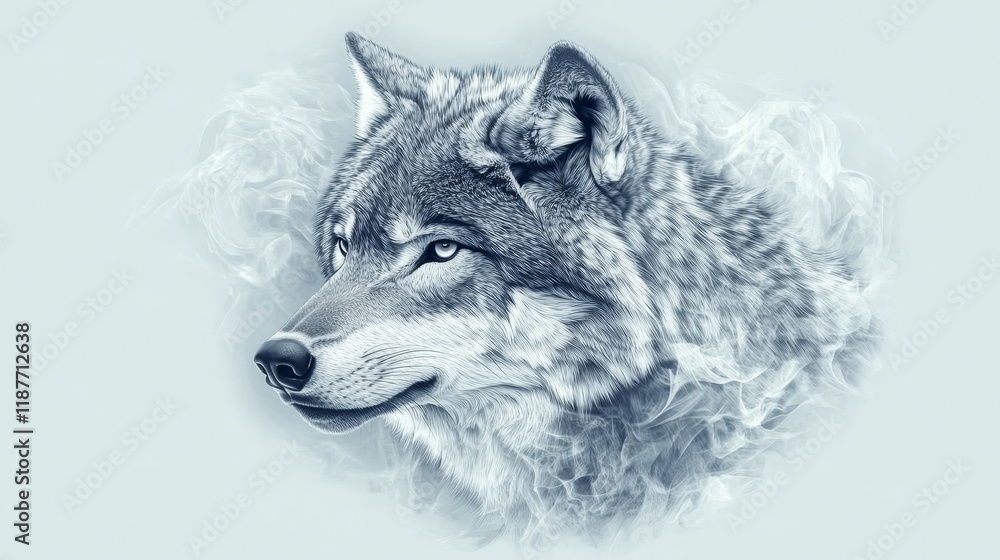 Obraz premium Mystical wolf portrait with ethereal smoke in soft tones