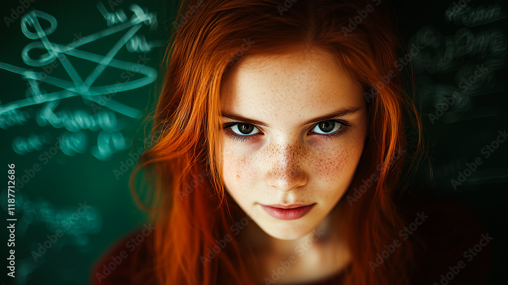 Naklejka premium Young Female Learner Focused on Physics Formulas Written on a Green Board.