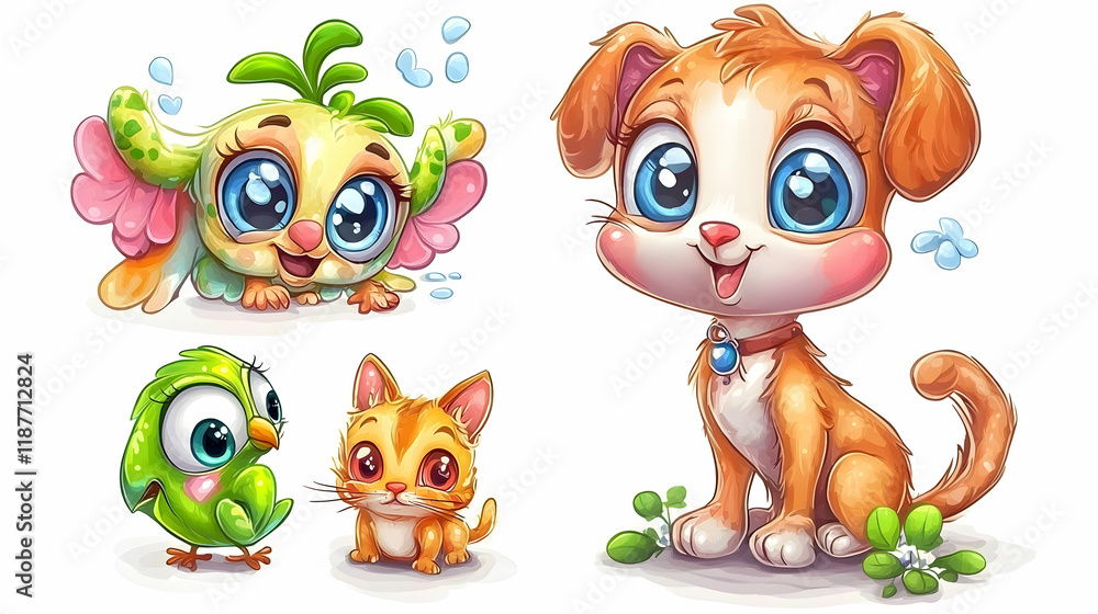Fototapeta premium Adorable cartoon pets; dog, bird, cat; playful design; white background; children's book illustration