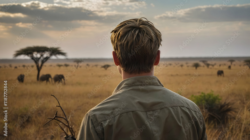 custom made wallpaper toronto digitalMan gazes at elephants in the African savanna at sunset.