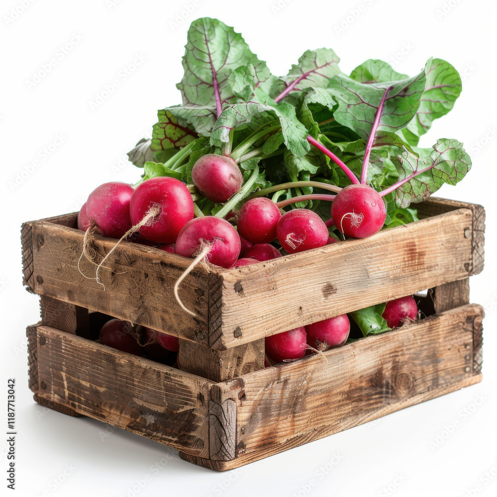 Fresh radish in wooden crate isolated on white background copy space Fresh radish in wooden crate isolated on white background copy space
