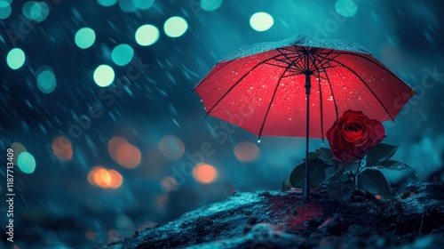 Wallpaper Mural Red Umbrella Sheltering Rose in Rainy Night with Bokeh Lights Torontodigital.ca