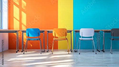 Modern school desks with chairs in a bright classroom setting near a colorful wall photo