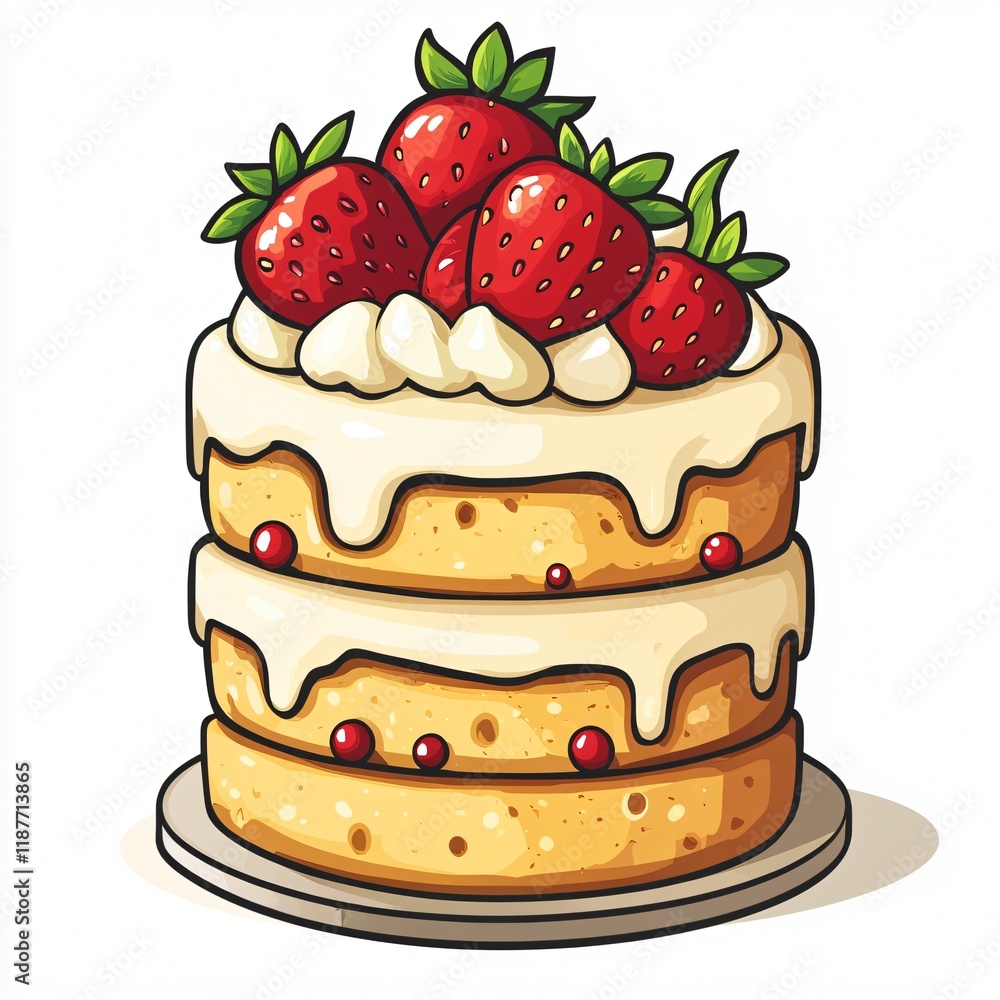 Delicious Three Layered Strawberry Cake with Cream Icing and Fresh Berries Delicious Three Layered Strawberry Cake with Cream Icing and Fresh Berries