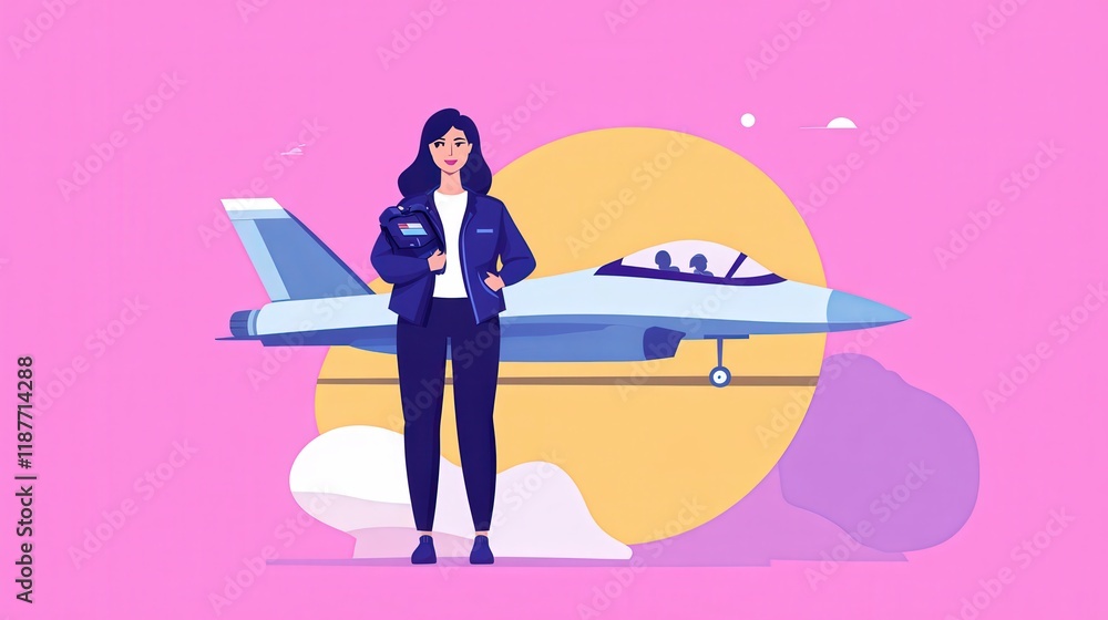 Young female pilot stands confidently in front of a modern fighter jet, showcasing empowerment and innovation in aviation, with a vibrant pink and yellow backdrop. Young female pilot stands confidently in front of a modern fighter jet, showcasing empowerment and innovation in aviation, with a vibrant pink and yellow backdrop.