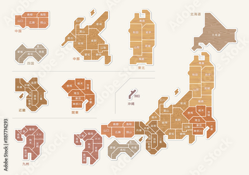 木目のナチュラルな日本地図　地方別色分け　都道府県名