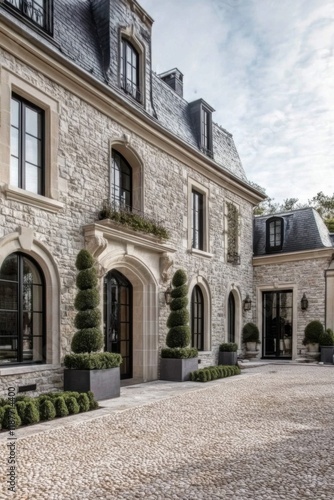 Elegant stone mansion with manicured gardens and a gravel driveway in a serene countryside setting, showcasing classic architectural design and lush greenery