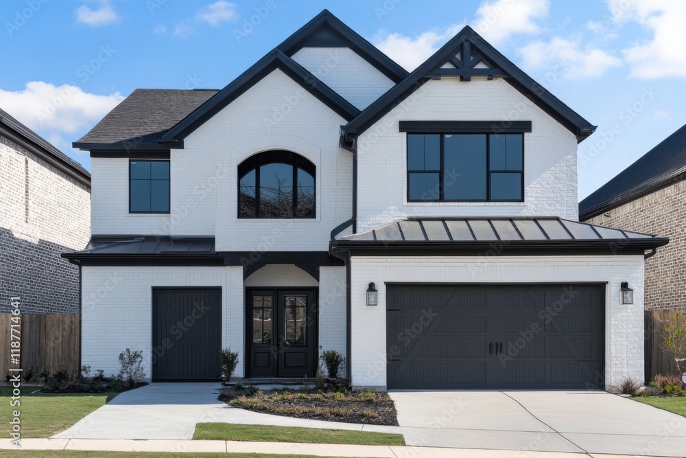 Modern two-story house with white brick exterior and black accents located in a residential neighborhood during sunny weather Modern two-story house with white brick exterior and black accents located in a residential neighborhood during sunny weather