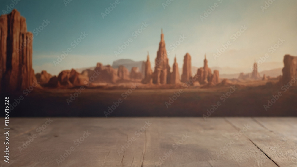 Fototapeta premium Desert landscape backdrop for product displays. Rustic wooden surface perfect for showcasing items against a blurred, scenic background.