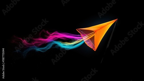 Colorful Origami Paper Plane with Vibrant Trail on Black Background photo