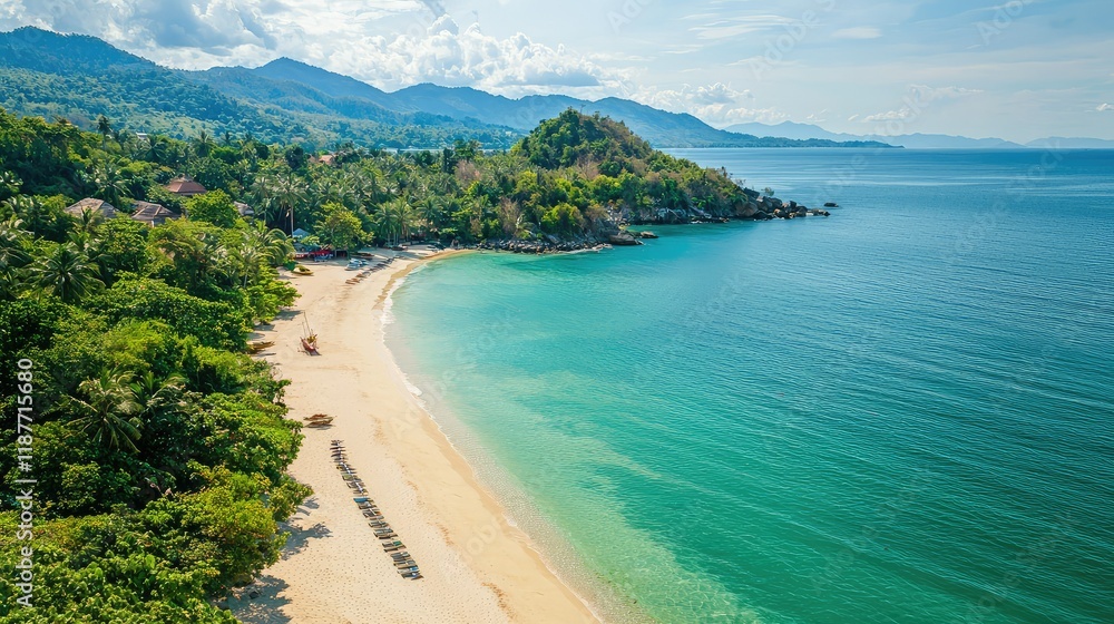 Fototapeta premium Serene Tropical Beach with Clear Water and Lush Green Landscape