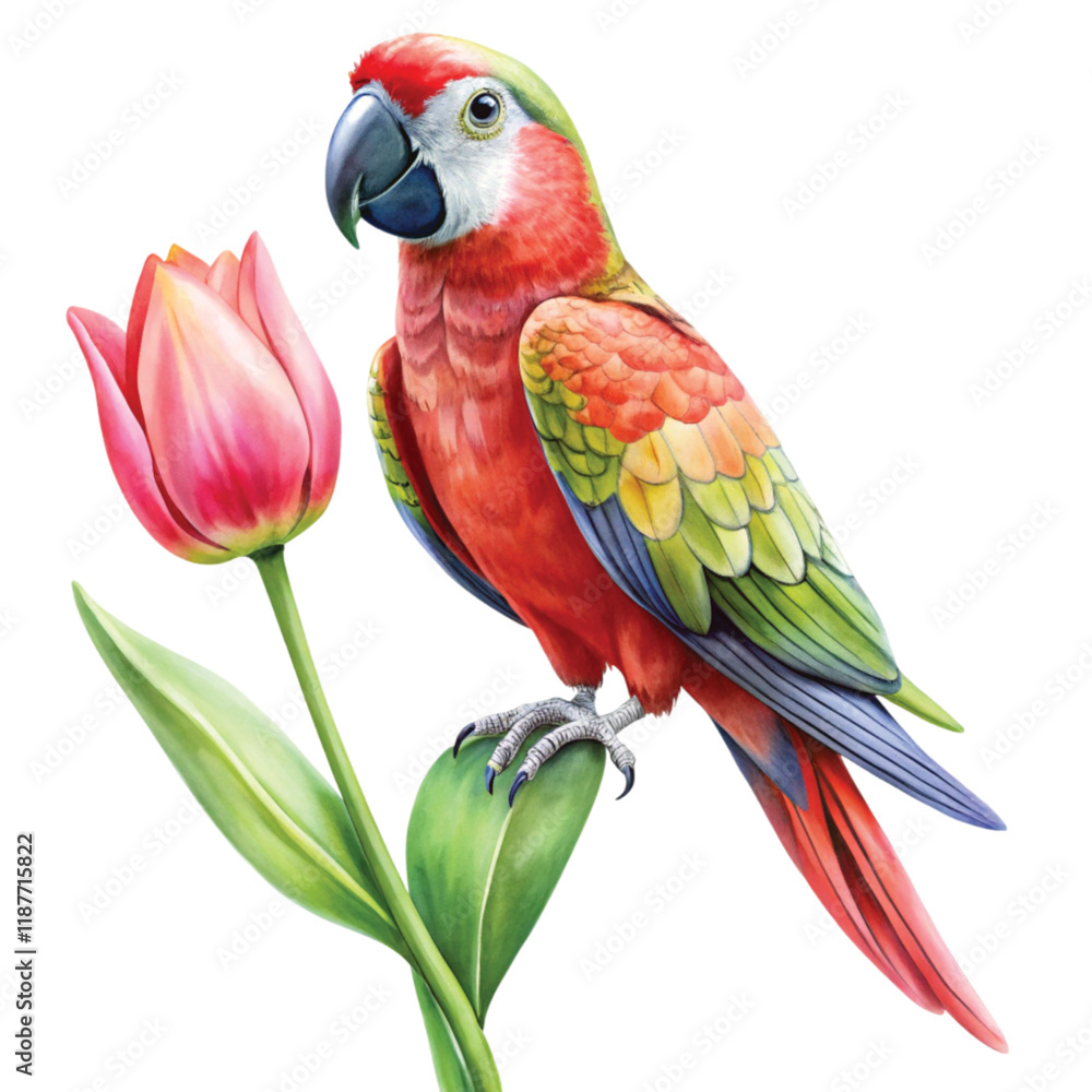 Obraz premium Cute Parrot standing on a tulip Clipart Watercolor