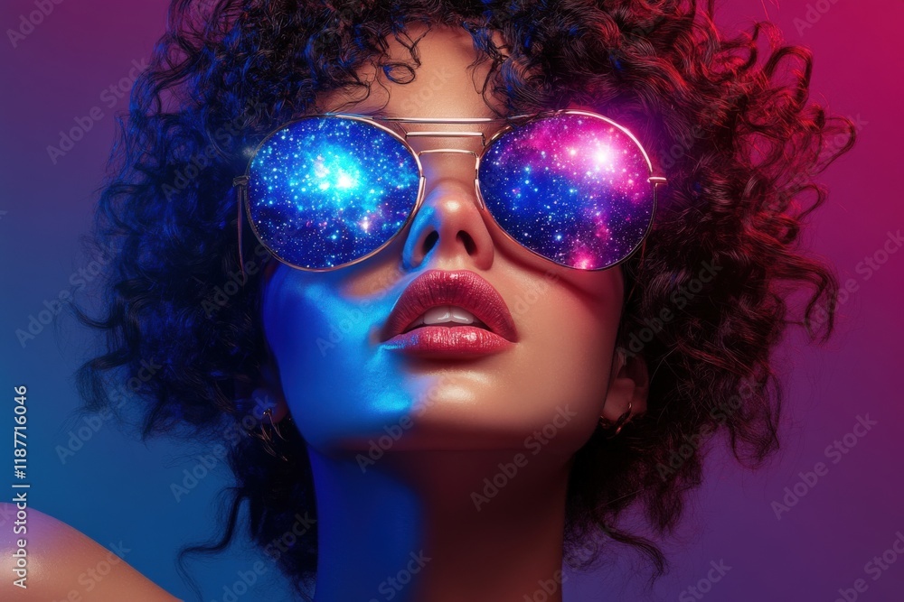 Obraz premium Cosmic reflections: african female with sunglasses and curly hair in neon light