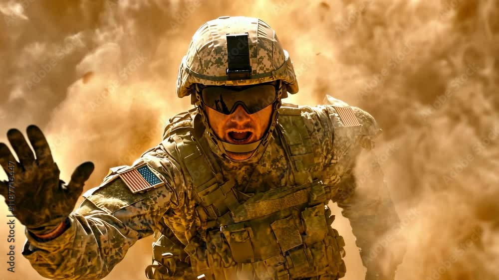 Soldier in combat gear navigates through a cloud of dust in a military operation during daylight hours Soldier in combat gear navigates through a cloud of dust in a military operation during daylight hours