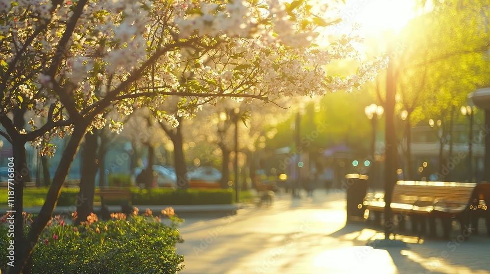 Fototapeta premium Serene Spring Park with Blooming Flowers and Glowing Sunlight