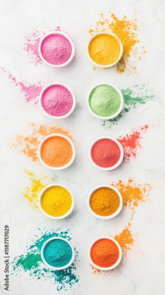 Colorful Powder Pigments in White Bowls on Marble Surface with Vibrant Splashes of Color for Artistic and Creative Backgrounds and Projects Colorful Powder Pigments in White Bowls on Marble Surface with Vibrant Splashes of Color for Artistic and Creative Backgrounds and Projects