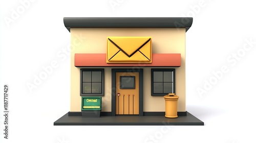 A 3D rendering of a cute cartoon post office building with a mailbox, envelope icon, and trash can.