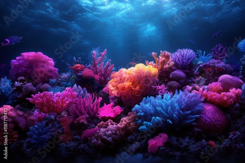 Vibrant underwater coral reef scene with diverse marine life photo