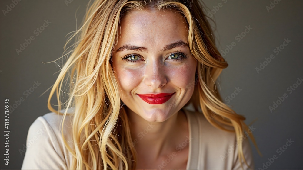 young blonde woman with long natural hair, bold red lipstick, and showcasing a warm and welcoming expression young blonde woman with long natural hair, bold red lipstick, and showcasing a warm and welcoming expression