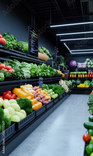 Fresh Organic Produce Display in Modern Grocery Store, Vibrant Vegetables and Fruits Shelves