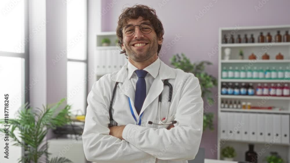 Confident, young, hispanic, male doctor smiling in a modern clinic setting with crossed arms, conveying professionalism and trust in a well-organized medical office environment. Confident, young, hispanic, male doctor smiling in a modern clinic setting with crossed arms, conveying professionalism and trust in a well-organized medical office environment.