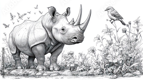 Rhino and bird in African savanna; peaceful wildlife scene, nature illustration photo