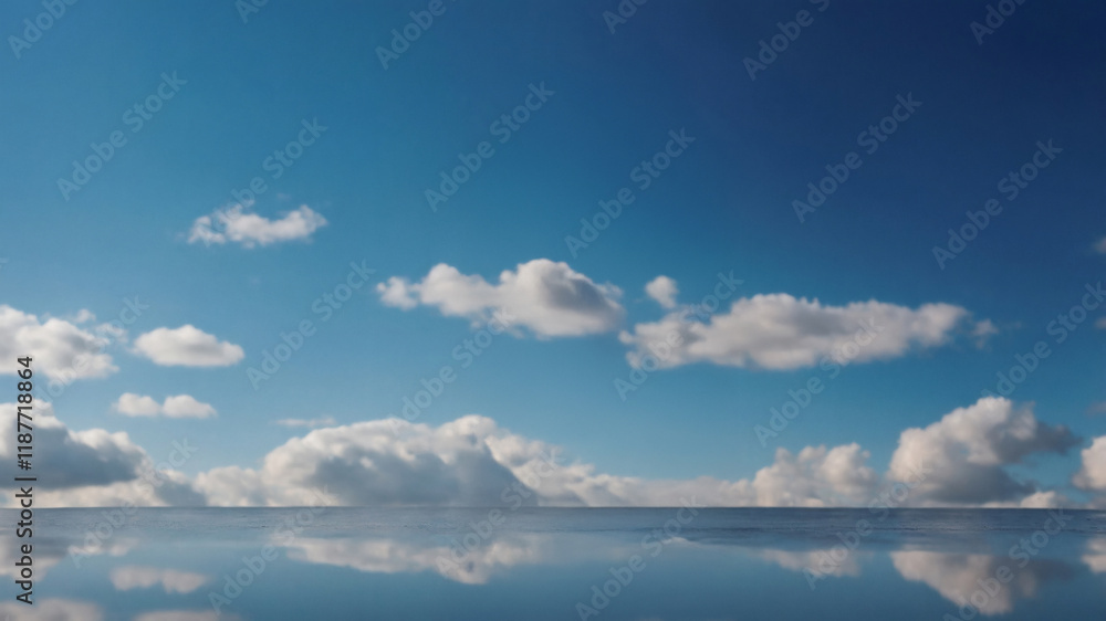 Serene waters reflecting a bright blue sky dotted with fluffy white clouds. Serene waters reflecting a bright blue sky dotted with fluffy white clouds.
