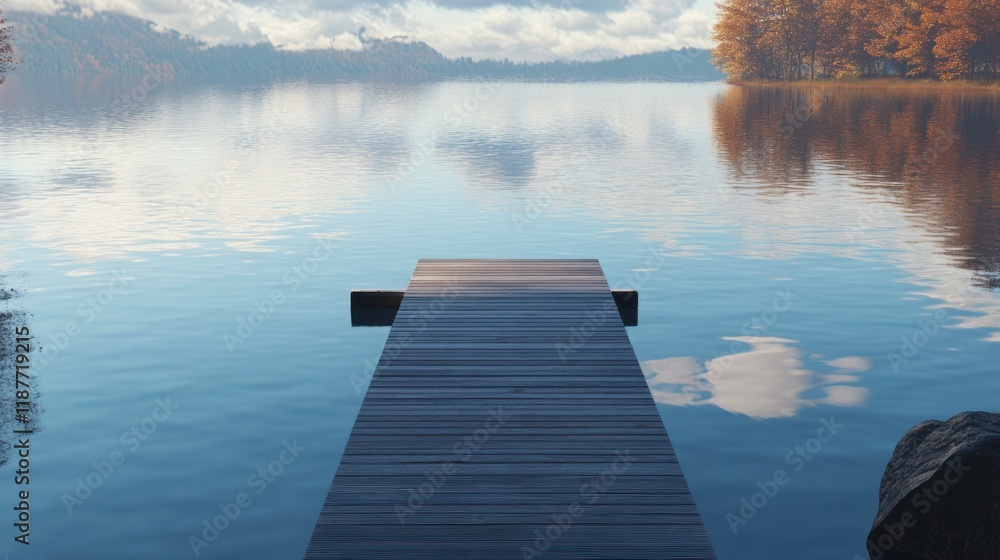 Fototapeta premium Serene Autumn Lake with Wooden Dock