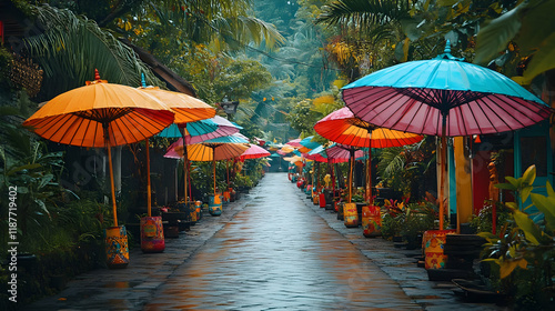 Wallpaper Mural Photo - Colorful Umbrellas Path, Tropical Plants, Wet Stone Walkway, Tranquil Garden Scene Torontodigital.ca