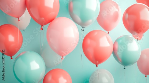 Vibrant party celebration background with coral, pink, and aqua balloons in 3d render photo