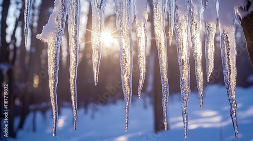 Wallpaper Mural Sunlit icicles hanging from a tree branch in a snowy winter forest. Torontodigital.ca