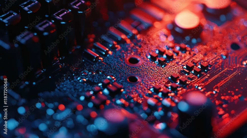 Fototapeta premium Close-Up of a Circuit Board with Glowing Red and Blue Lights