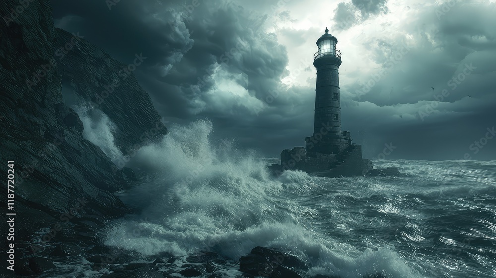 Dramatic Lighthouse on Rocky Coast with Stormy Sky and Waves Dramatic Lighthouse on Rocky Coast with Stormy Sky and Waves