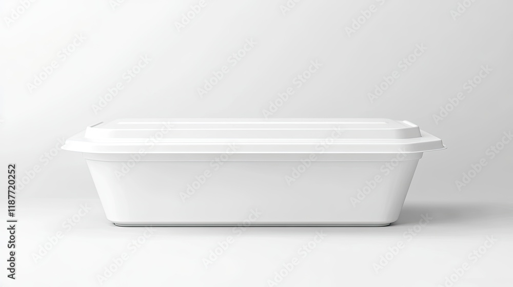White rectangular plastic food container with lid, isolated on white background.