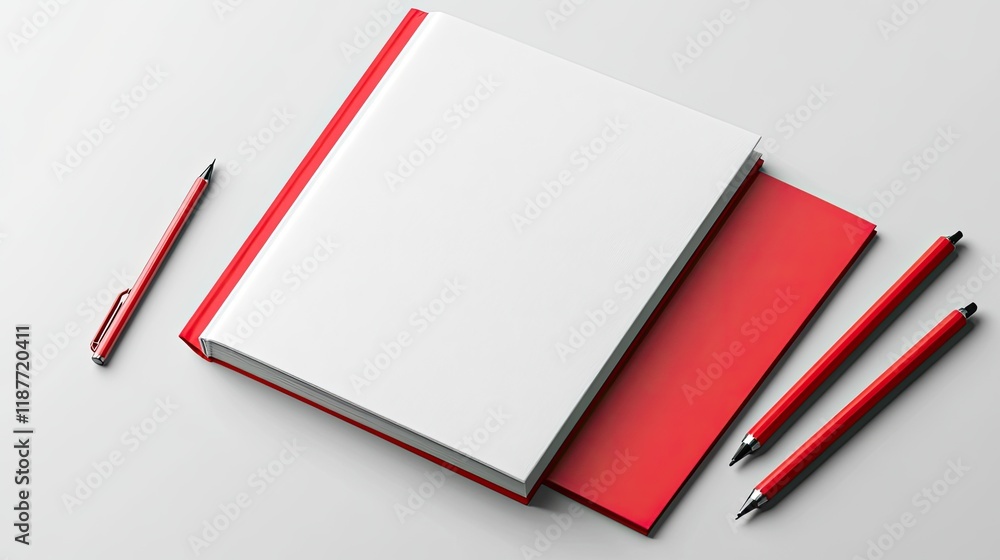 White book mockup with red cover and three red pens on a white background. White book mockup with red cover and three red pens on a white background.