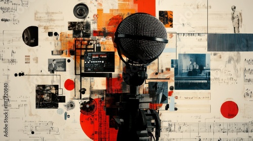 Microphone in Front of Abstract Musical Collage Full of Colorful Notes