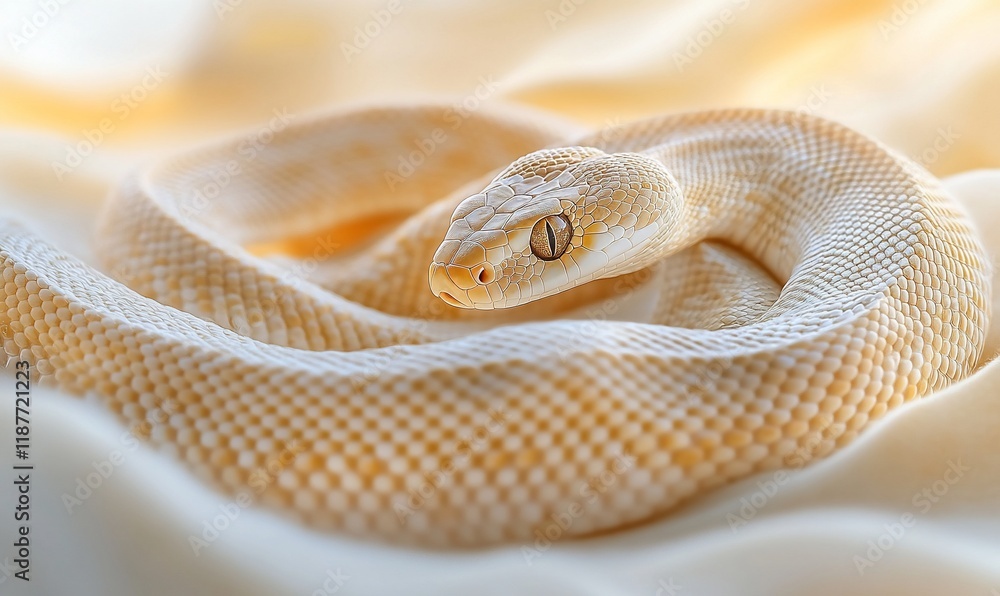 Fototapeta premium Albino snake coiled on silk, sunlit background