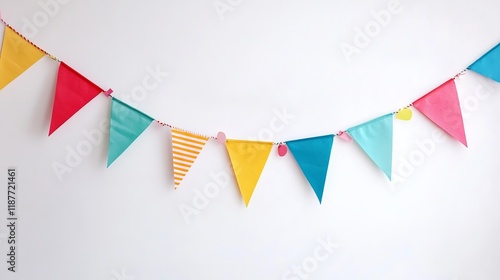 Colorful carnival pennant chain isolated on white background for festive decor photo