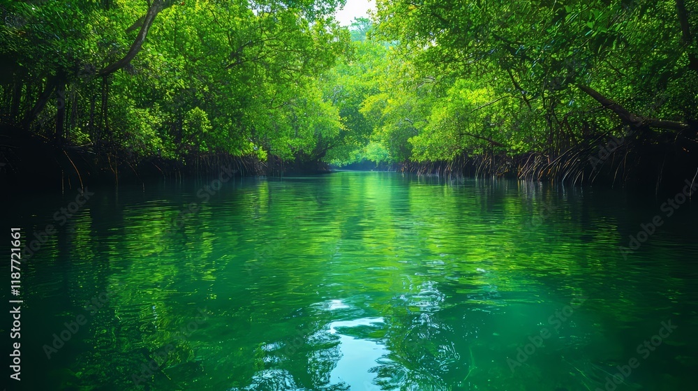 Obraz premium Lush green mangrove forest reflected in serene river under bright sunlight