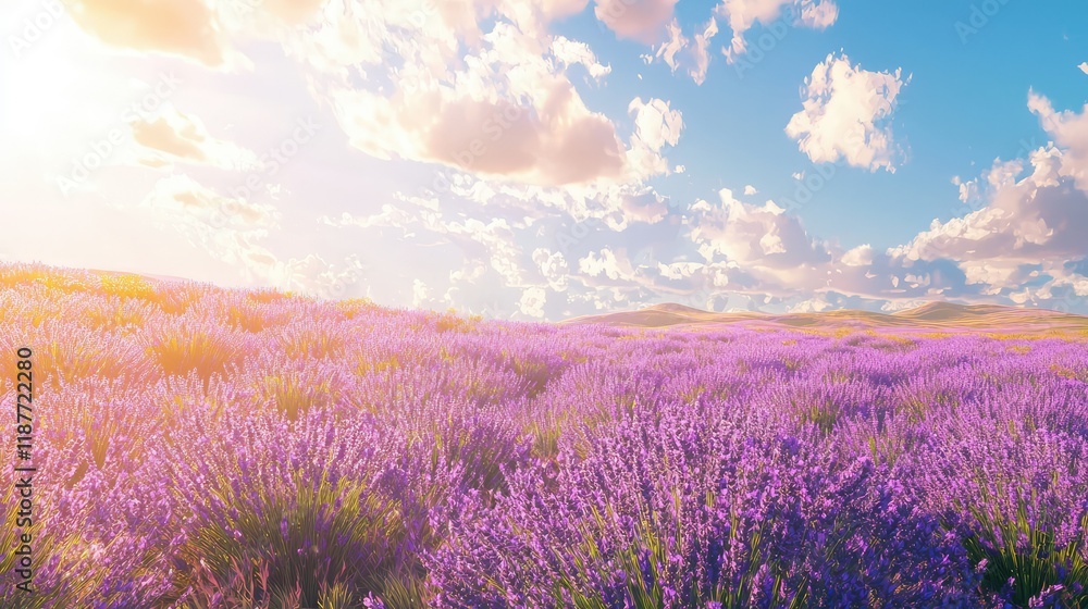 Fototapeta premium Vibrant Lavender Fields Under a Blue Sky with Fluffy Clouds