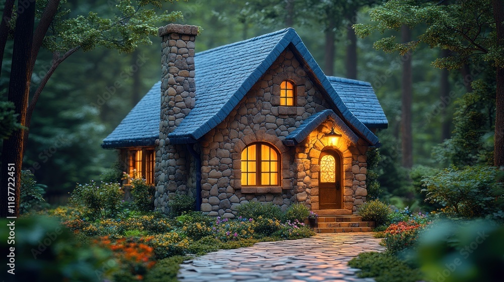 Fototapeta premium Stone cottage in a forest at dusk.