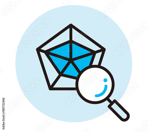 分析や情報に関するアイコン。五角形グラフに虫眼鏡があるイラスト。