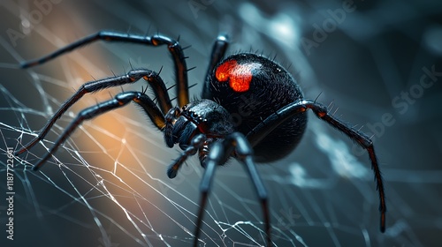 An Ominous Close-Up Shot of a Black Widow Spider Resting on Its Ethereal Web photo