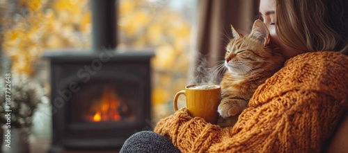 Woman, cat, autumn, fireplace, cozy home