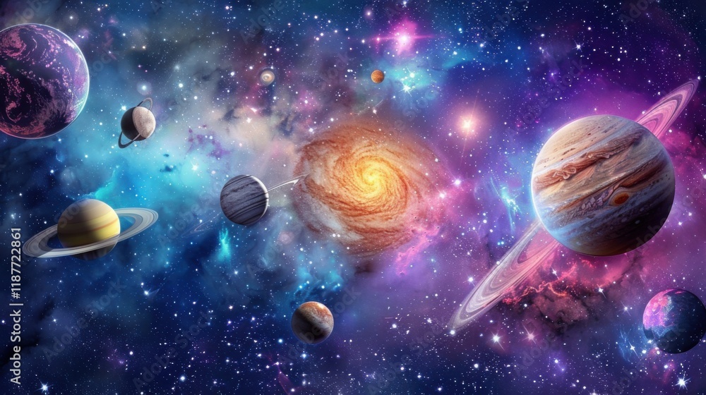 a celestial ballet of vibrant planets and cosmic wonders, white space in the center of the page for text, majestic and otherworldly hues against a backdrop of swirling galaxies a celestial ballet of vibrant planets and cosmic wonders, white space in the center of the page for text, majestic and otherworldly hues against a backdrop of swirling galaxies