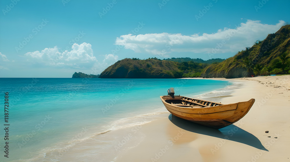Photo - Serene Tropical Beach Paradise, Wooden Boat, Tranquil Waters, Island Getaway Photo - Serene Tropical Beach Paradise, Wooden Boat, Tranquil Waters, Island Getaway
