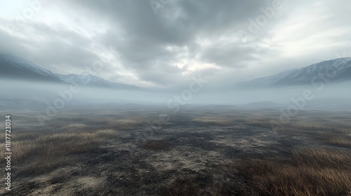 An Expansive and Melancholic View of a Barren Landscape Under Gloomy Skies photo